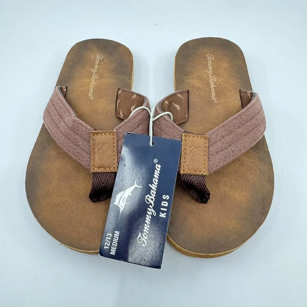 Tommy Bahama Flip Flops Sandals Kids Size Medium 12/13 Brown‎ Beach Leather NEW